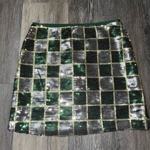 Judith March Green & Silver Checked Print Sequined Mini Skirt - Size S